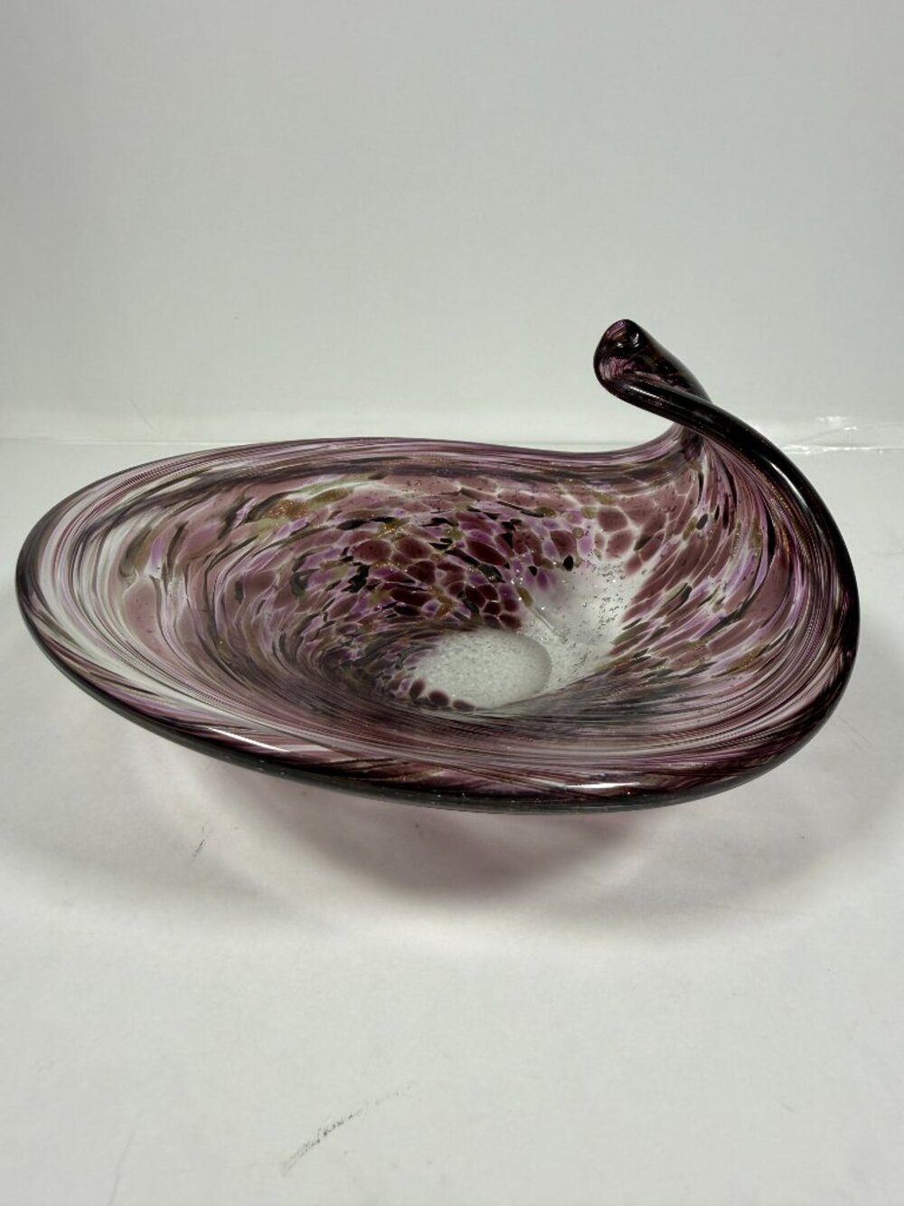 Murano-Style Art Glass Bowl Purple Lavender Gold Swirl Sculptural MCM Decor